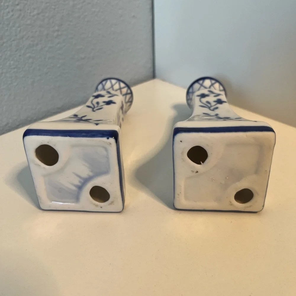Vintage Delft Elegant Blue and White Ceramic Floral Candle Holders 5” - Picture 5 of 6